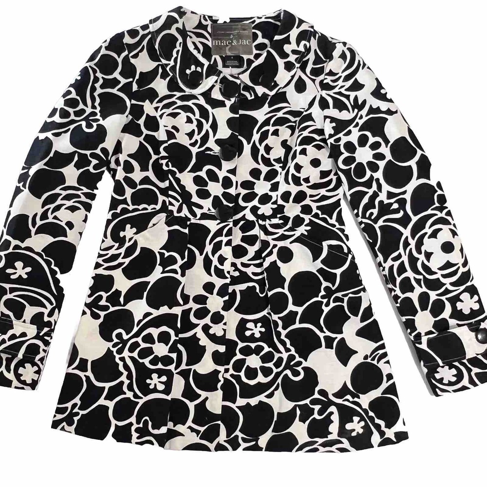 Mac & Jac Floral Pea Coat Women 4 Black White Mod Peter Pan Collar Excellent